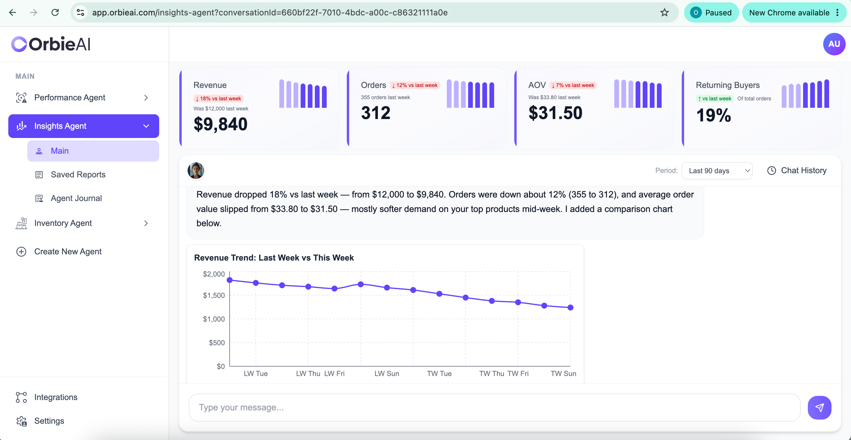 OrbieAI app — insights, KPIs, and agent chat